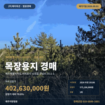 서귀포 남원읍 토지 경매 스프링데일CC 인근 한남리 목장용지 2026타경10186 썸네일