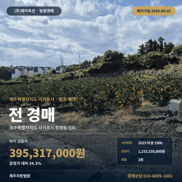 서귀포시 토평동 농지경매 삼성여고 인근 926평 과수원 농사용토지 2025타경1906 썸네일