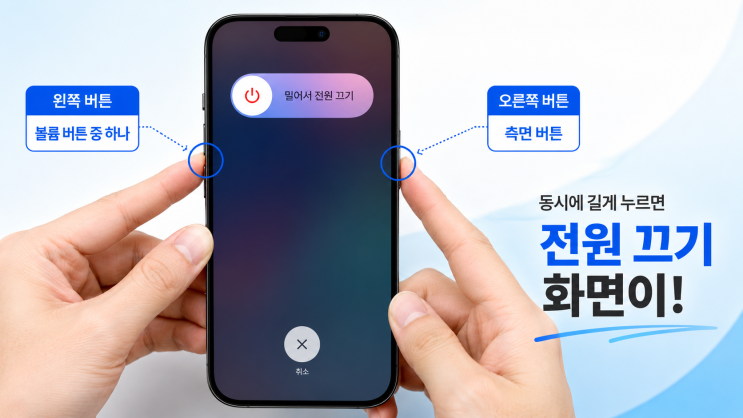 아이폰전원 끄는 법, 최신 모델은 버튼 하나가 아닙니다아이폰을 오래 사용한 분이라면 오른쪽에 있는 버튼을 그냥 길게 누르면전원이 꺼질 것 같지만, 최신아이폰에서는 그렇지... 최신아이폰처럼 음량 높이기 → 음량 낮추기 → 측면 버튼 순서가 아니라는 점이 차이입니다. 7.아이폰 6s및 이전 모델 강제 재부팅 방법아이폰 6s와 그 이전 모델은 물리적인 홈...