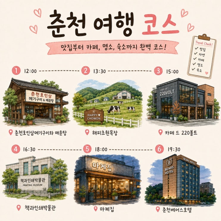 [춘천 1박2일 여행] 춘천 메기구이, 해피초원목장, 카페드220볼트, 책....