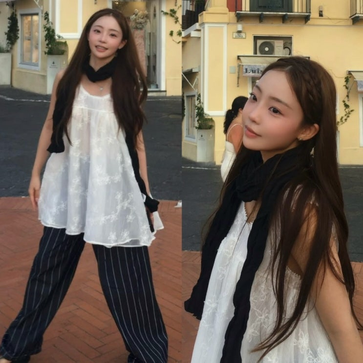귀여운 곽민경 여행룩! 원피스 스트라이프 바지 레이어드 손민수 룩....