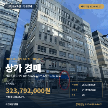 세종사무실경매ㅣ세종특별자치시 소담동 526 로이어즈타워 1층110호ㅣ2025타경3730 썸네일