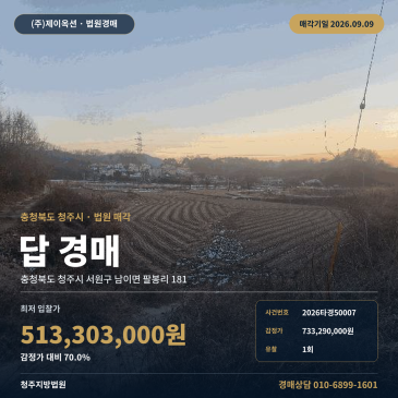청주 남이면 농지경매 경매물건 간선도로 연계 팔봉리 997평 농지 2026타경50007 썸네일