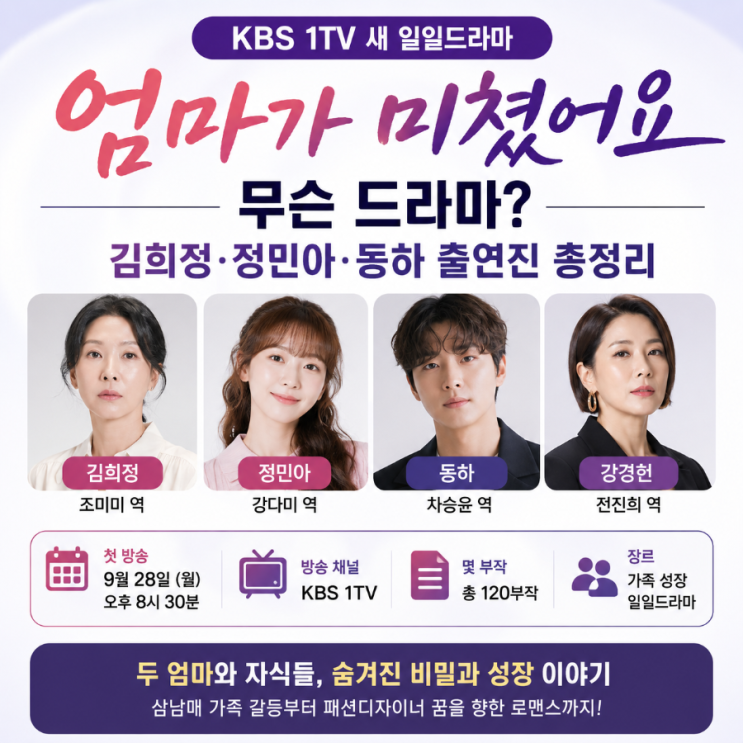 엄마가 미쳤어요 무슨 드라마? 김희정·정민아·동하 출연진 등장인....