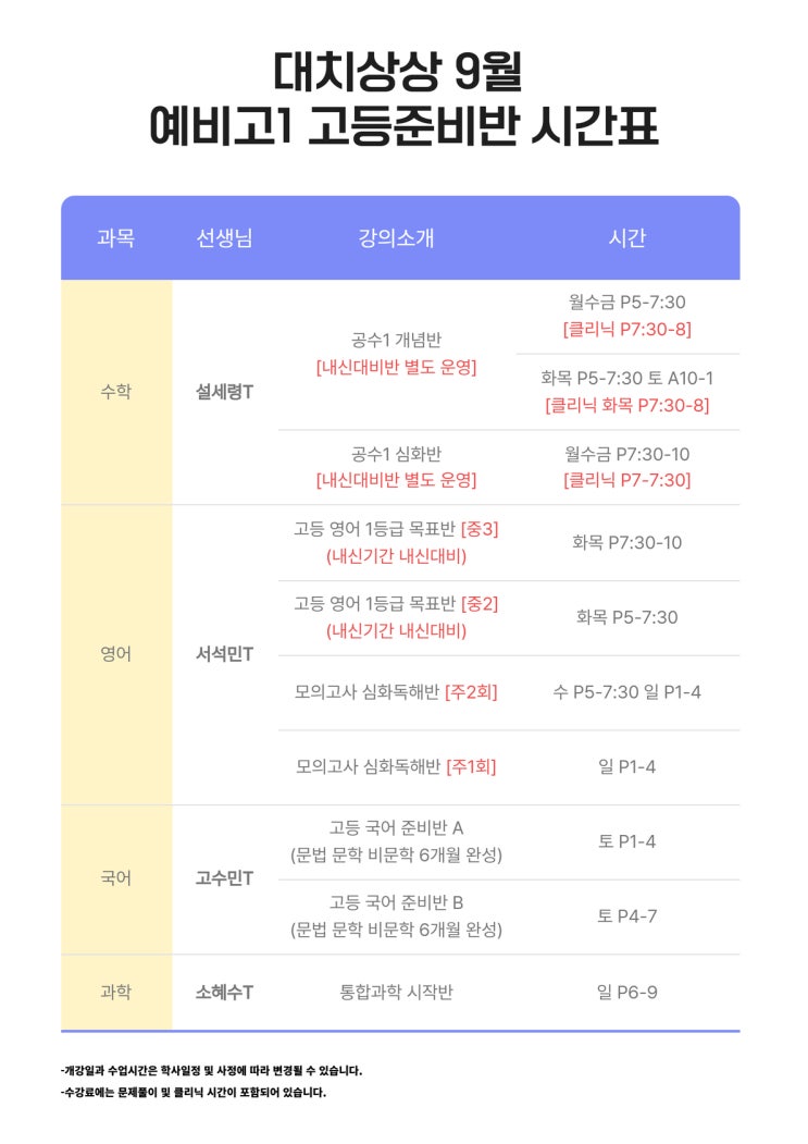 예비고1 1등급 완성반 개강 안내