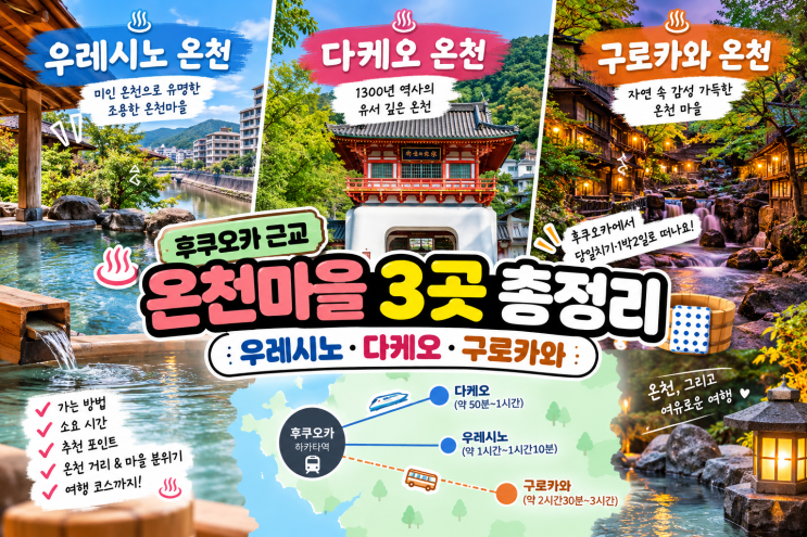 후쿠오카 근교 소도시 온천마을 3곳 총정리 – 우레시노·다케오·구....