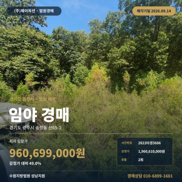 경기 광주시 송정동 산65-1 시청 서측 행정타운 인근 왕복4차로 접한 완경사 산림토지 임야경매 법원 매각 사건 2022타경3686 썸네일