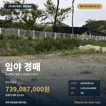 충북 제천시 왕암동 산18-5 산지 경매 일반산업단지 인근 창고시설 조성 중 이행지 토지 약 2910평 청주지방법원 지원 매각 2025타경5318 썸네일
