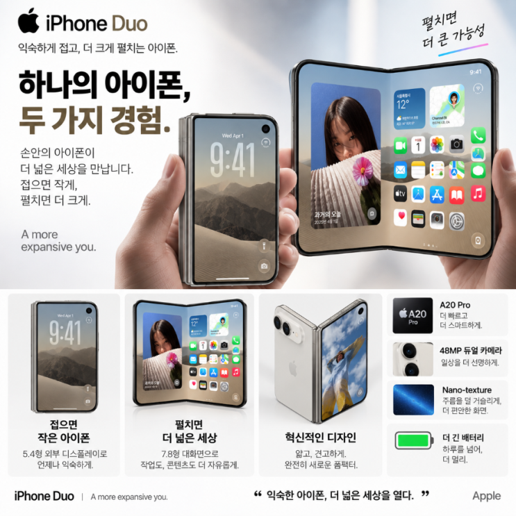 그래서 ‘주름없는폴더블아이폰’이라고 이해하는 것은 조금 다릅니다. 오히려 애플의 선택은주름을 없애는 것보다 평소 사용할 때 얼마나 덜 의식하게 만들 것인가에 가까워 보입니다. 실제 구매를 생각한다면 매장에서 화면을 켜놓고 정면에서만 보지 않는 게 좋습니다. 화면을 끈 상태 → 밝은 조명 아래 → 옆에서 보기 → 가운데를 손가락으로 넘겨보기 이...