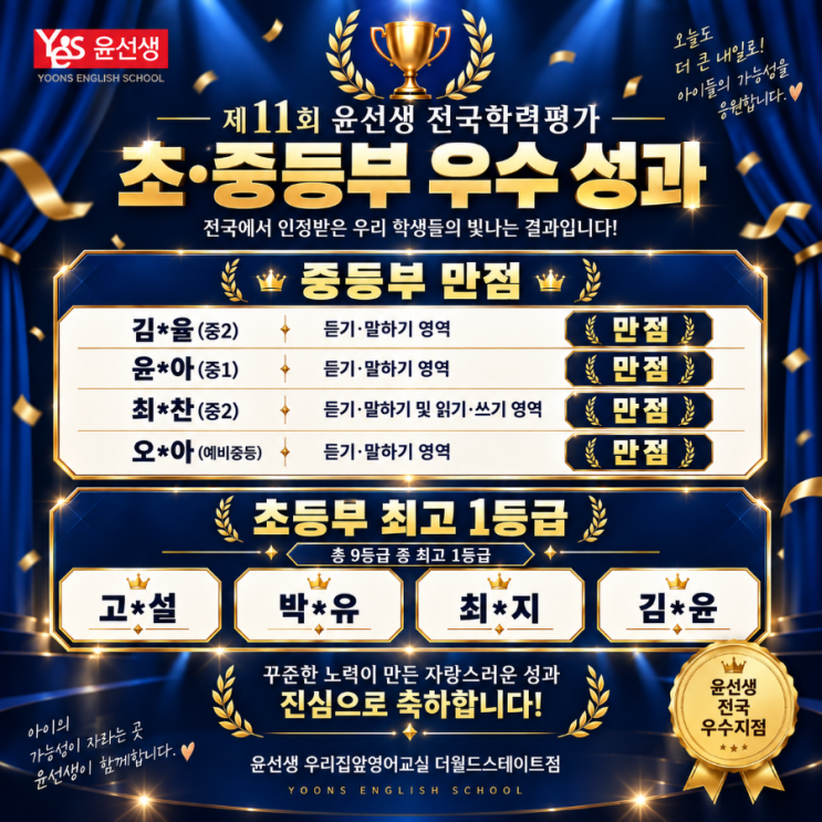 제11회 윤선생 YSAT 전국학력평가 결과 초등부 1등급·중등부 영역 만점 : 네이버 블로그