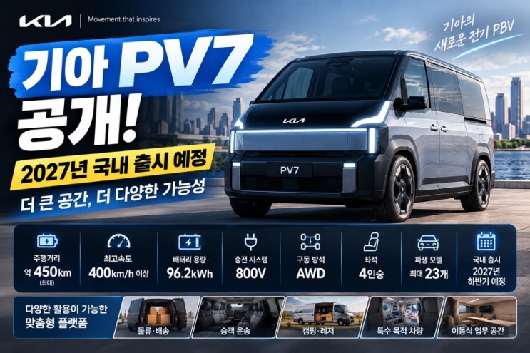 기아 PV7 총정리｜2027년 출시 예정 대형 전기 PBV, 주행거리·출시일·특징 : 네이버 블로그