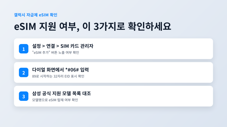 모델명과 IMEI, EID가 뜨는데, 89로 시작하는 32자리 EID가 보이면eSIM모듈이 탑재된 거예요. EID는 설정, 휴대전화 정보, 상태 정보에서도 볼 수 있어요. 모델명으로 확인하고 싶다면 삼성 공식 지원 모델 목록과 대조해보세요.갤럭시S20부터S26전 시리즈, Z 폴드2부터 7, Z 플립 시리즈, Z 트라이폴드, S23부터 25 FE,갤럭시탭 S9부터 S11(와이파이 전용 제외)이...