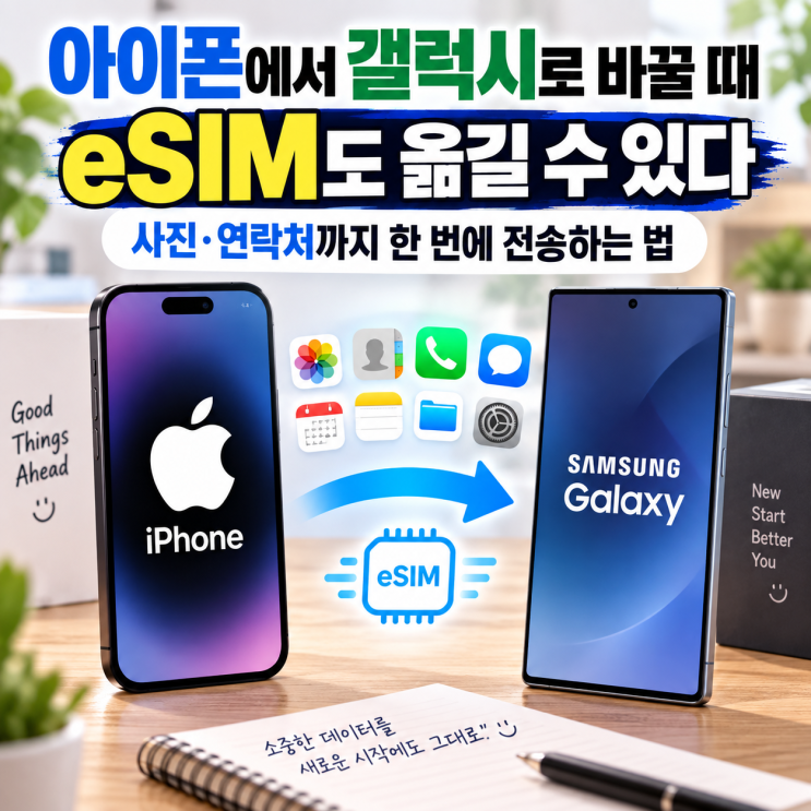 Android 기기에서eSIM설정 시작 →아이폰과 새 기기를 가까이 놓기 → Android 화면의 QR 코드를아이폰으로 스캔 → 이전할 전화번호 선택 →eSIM전송 확인 →아이폰측면 버튼을 두 번 눌러 승인 → 새 기기에서활성화전송이 완료되면 이전된 전화번호는 기존아이폰에서 더 이상 작동하지 않습니다. ⚠ 여기서 가장 중요한 부분 “아이폰 eSIM이면...