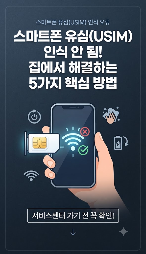 목차 스마트폰유심 인식오류의 주요 원인 해결 방법 1: 스마트폰 재부팅하기 해결 방법 2:유심카드 분리 후 이물질 제거 및 재장착 해결 방법 3: 다른 기기에 꽂아유심불량여부... #유심인식안됨 #USIM오류 #유심없음해결 #스마트폰유심오류 #핸드폰먹통 #모바일팁 오늘 내용이 도움 되셨다면 공감과 이웃 추가 부탁드리며, 추가로 궁금한 점이 있다면 언제든 편하게...