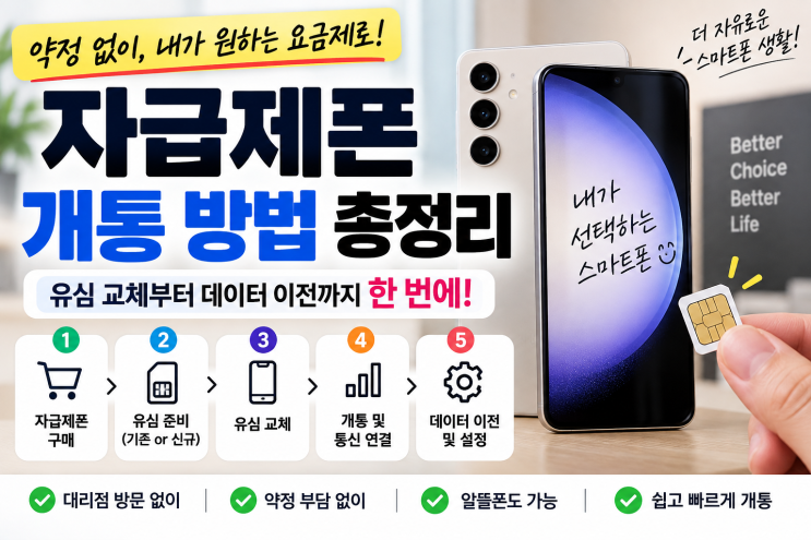 현재 사용 중인 휴대폰에서 유심을 분리한 다음 새로 구매한자급제폰에 장착하면 됩니다. 유심교체 순서① 기존 휴대폰 전원 끄기 먼저 기존 스마트폰의 전원을 끕니다. ② 유심 트레이 열기 스마트폰 측면의 유심 트레이에 유심핀을 사용해 유심을 분리합니다. ③ 새자급제폰에 유심 장착 새 휴대폰의 유심 트레이에 기존 유심을 올바른 방향으로 장착합니다. ④...