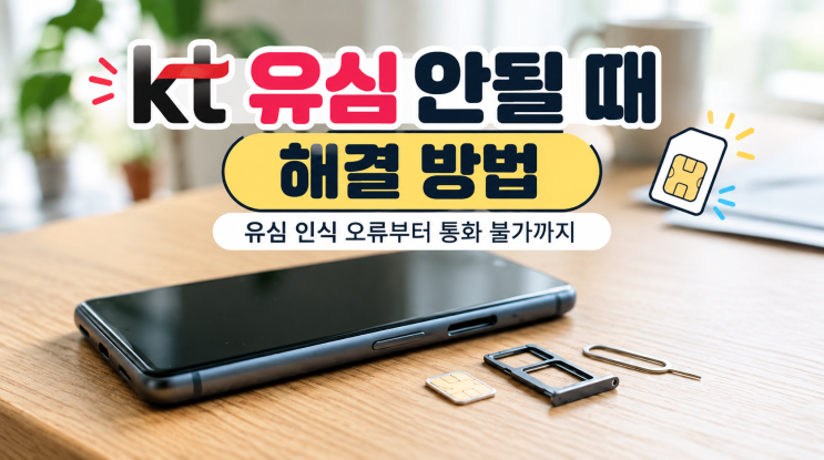 오늘은 KT유심 인식 안됨증상이 나타났을 때 확인해야 할 기본적인 사항부터휴대폰설정 점검,유심재장착, 네트워크 초기화까지 차근차근 알아보겠습니다. 복잡한 설정을 변경하기 전에 간단한 방법부터 순서대로 확인하면 불필요한유심교체나 서비스센터 방문을 줄이는 데 도움이 될 수 있습니다. [이미지 삽입:휴대폰과유심카드 이미지] KT유심안될 때 가장...