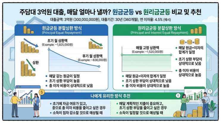 주담대 3억 원 대출이면 매달 얼마나 내야 할까? 원금균등과 원리금균등 조건을 통해 본 비교와 나에게 유리한 방식 추천 ...