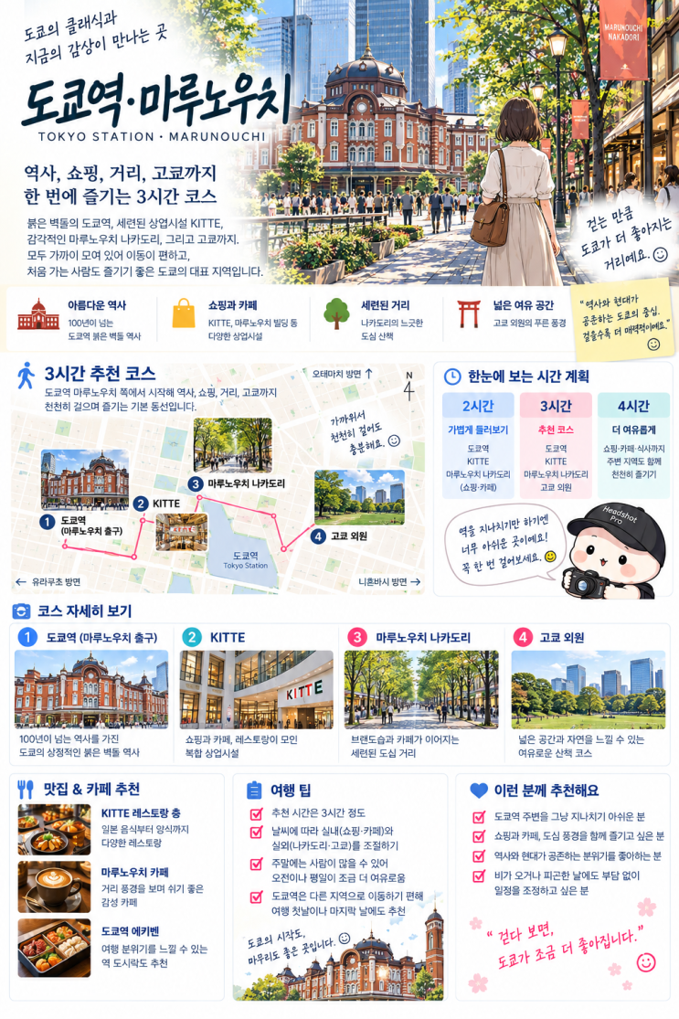 도쿄역·마루노우치 3시간 코스｜KITTE·나카도리·고쿄까지 여유롭게....