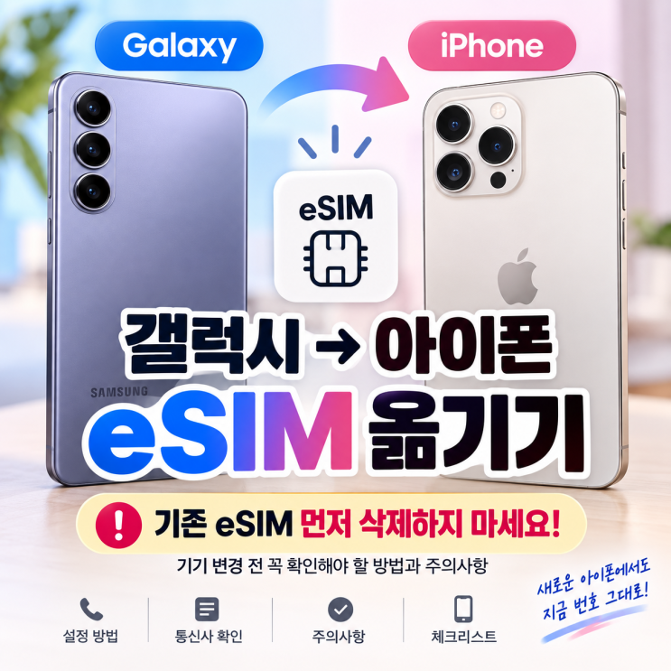 하지만 이것과 통신 회선활성화는 별도로 확인해야 합니다. 즉, 사진이아이폰으로 넘어왔다 =eSIM도 정상 이전됐다는 의미가 아닙니다. 데이터 이전이 끝났더라도 새아이폰에서 실제로 전화를 걸어보고 문자와 모바일 데이터가 정상적으로 작동하는지 확인하세요.eSIM이 설치됐는데 통신이 안 된다면?eSIM설치 완료 화면만 보고 기존 갤럭시를...