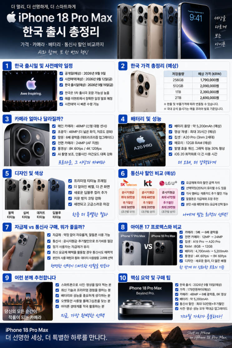 동영상성능아이폰 18 프로맥스는 사진뿐 아니라 동영상에서도 강력합니다. 주요 영상 기능 최대 4K 120fps Dolby Vision 스마트 초점 추적 시네마틱 모드 향상된 저조도 동영상... 업그레이드 핵심 항목iPhone 17 Pro MaxiPhone18Pro Max메인카메라48MP급48MP + 가변 조리개조리개 제어고정가변프로세서A19 ProA20 Pro배터리우수더 긴 사용시간동영상4K 중심4K 120fps Dolby...