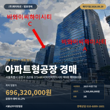 가산디지털단지역 가산동 비와이씨하이시티 지식산업센터 아파트형공장경매 2025타경732 썸네일