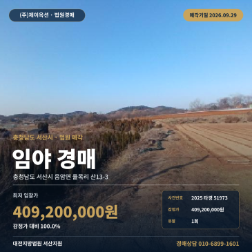서산시 음암면 율목리 산 경매 도로 접한 임야 2,063평 매각 조건 검토 2025타경51973 썸네일