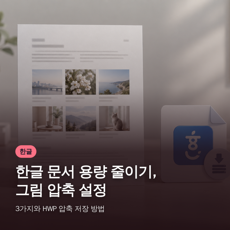 한글문서 용량은 그림의 불필요한 영역과 해상도를 정리하고 HWP 압축 저장을 적용해 줄인다. 원본 복사본을 만든 뒤 그림 압축 설정 세 가지를 용도에 맞게 고르면,사진이 많은 업무 문서도 품질을 확인하며 정리할 수 있다. 저장해도 용량이... 압축본의자르기범위만 바꿔서는 삭제된 영역이 복구되지 않는다. ‘압축 후 그림이 흐리거나 인쇄물이 거침’ → 삽입 크기...