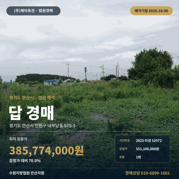 안산시 단원구 대부남동 농지 경매 차량접근 포장도로 접한 토지 2025타경52972 썸네일