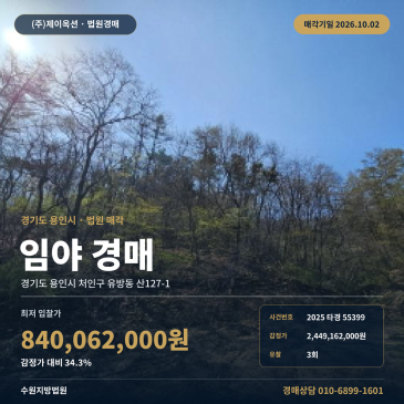 용인IC 인근 맹지 임야 6,556평 경매 용인시 처인구 유방동 산지 2025타경55399 썸네일