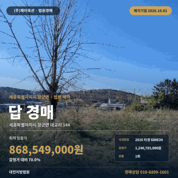 세종시 장군면 농사땅경매 대교리 마을회관 인근 농지 2026타경600634 썸네일