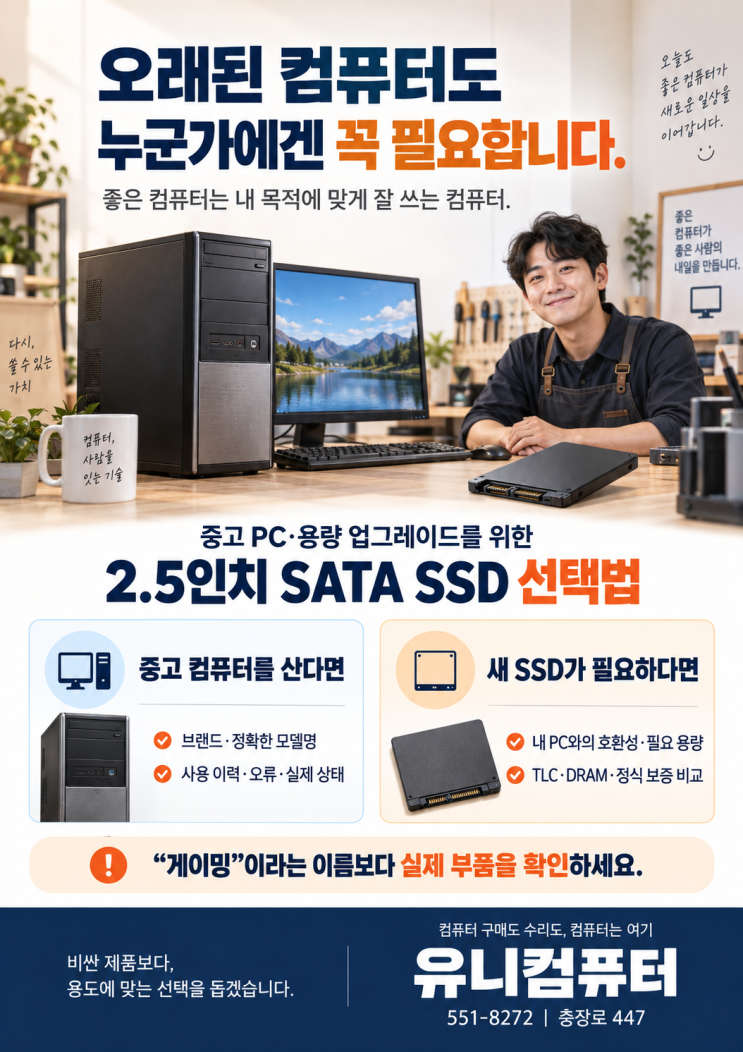 맘을 가라앉히고 그래서 오늘은 구형SSD2.5인치에 대해서 이야기 하려합니다. 올리는 글은 제가 글의 방향과 내용의기본은 제가 적고 부족한부분 말주변이 적은부분은 AI의 도움을받아 매끄럽게 수정합니다. 그러니 AI작성글이라는 의심을 가지지 않으셔도 됩니다. “요즘 누가2.5인치SSD를 쓰나요?” 이 글을 보고 그렇게 생각하는 분도 계실 겁니다. 새 제품과...