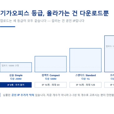 KT 기가오피스 심플·컴팩트·스탠다드 차이 — 다운로드 200M/500M/1G·업로드 100M·고정IP 개수
