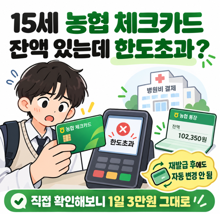 중3, 15세 농협체크카드 한도 초과 : 잔액이 있는데도 한도초과로 결제가 안된 이유 : 네이버 블로그