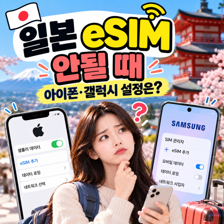 ①eSIM자체가 휴대폰에 보이지 않는다 설치나활성화단계부터 확인해야 합니다. ②eSIM은 보이는데 인터넷만 안 된다 여행용eSIM회선, 데이터로 사용할 SIM, 데이터 로밍 등의 설정을 먼저 확인합니다.아이폰이라면 설정 → 셀룰러, 갤럭시라면 설정 → 연결 → SIM 관리자에서 여행용eSIM이 표시되는지부터 보세요. Apple과 삼성전자 모두 이 메뉴에서eSIM회선을...