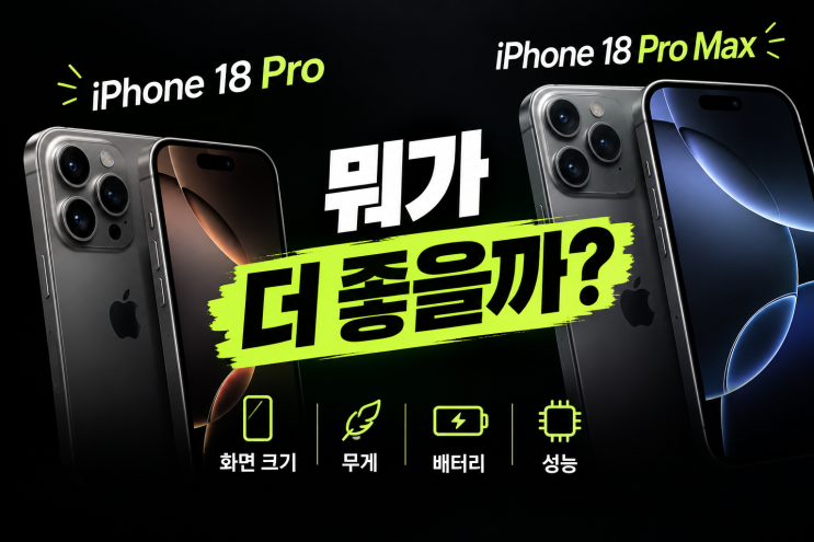 애플이 새롭게 선보인프로라인업,아이폰 18 프로와아이폰 18 프로 맥스는 핵심성능에서의 '급 나누기'를 없애고 동일한성능을 탑재해 출시되었습니다. 칩셋이나 카메라성능때문에 고민할 필요가 없어진 만큼, 두 모델은 크기, 무게, 배터리라는 명확한 기준에 따라 선택이 갈리게 됩니다. 먼저, 두 모델의 핵심 스펙 차이를 한눈에 보기 쉽게 표로...