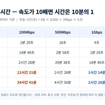 다운로드 시간 계산 — 100M·500M·1G·10G 회선별 10GB·100GB·1TB 전송 시간표