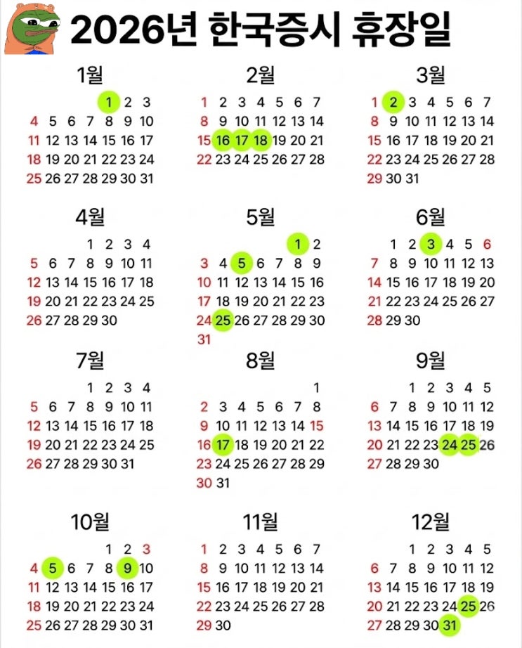 2026년 한국 증시 휴장일 달력 : 네이버 블로그
