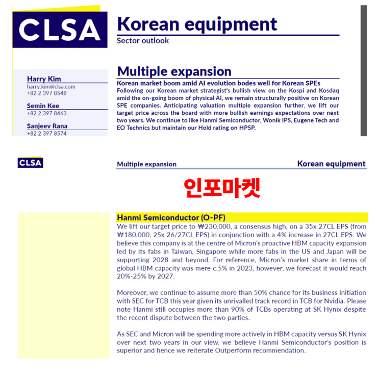 한미반도체 (투자의견: Outperform) - CLSA : 네이버 블로그