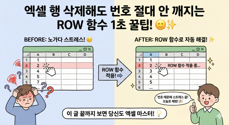 엑셀 행 삭제해도 번호 안 깨지는 자동 순번 매기기 – ROW 함수 1초 꿀팁 : 네이버 블로그