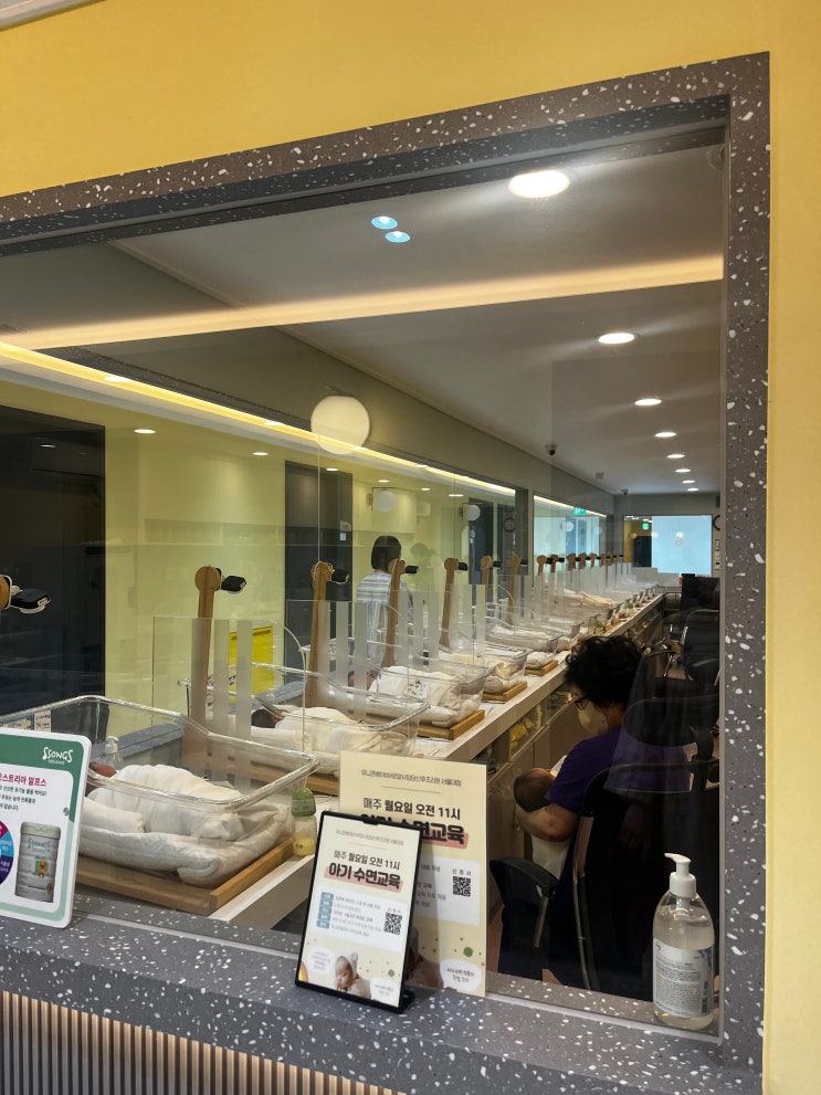 신생아실,유리창,아기침대,줄지어선