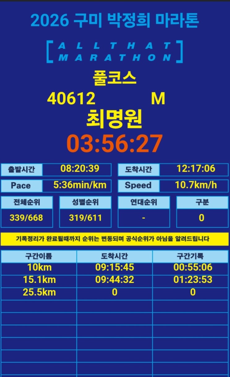 2026 구미 박정희마라톤 풀코스 서브4 완주!!