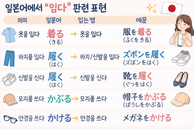 着る(きる) 입다. 履く（はく)신다. かぶる 모자쓰다. かける안경쓰다 : 네이버 블로그