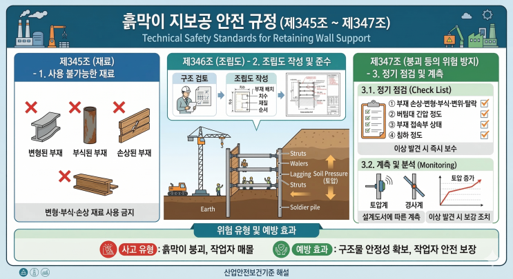 [Rule.345~347] 굴착 현장의 생명줄, 흙막이 지보공, 재료, 설계, 점검의 완벽 조화 : 산업안전보건기준규칙 제345 ...