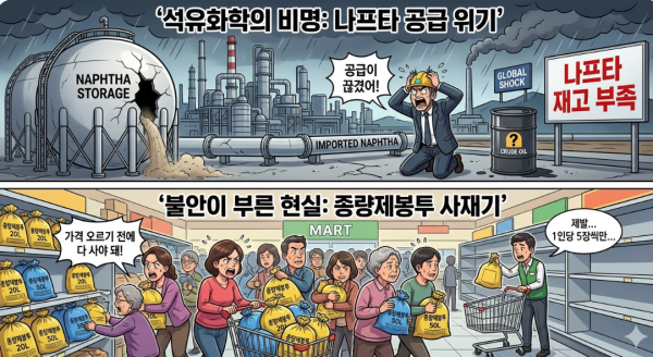 종량제봉투 사재기 현실화, 나프타 공급 위기 에 대한 이미지를 만화느낌으로 생성해줘