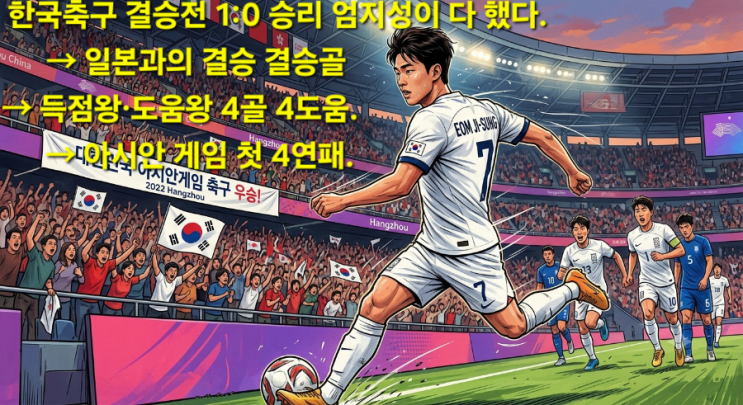 아시안게임 한국축구 결승전 1:0 승리 엄지성이 다 했다 → 일본과의 결승 결승골 → 득점왕·도움왕 4골 4도움 → 아시안 게임 ...