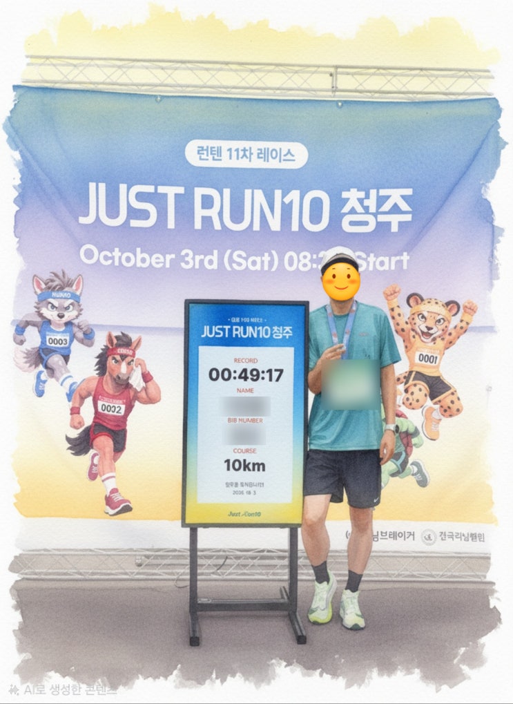 저스트런텐 청주 JUST RUN 10 러닝대회｜생애 첫 10km 러닝대회 49분 17초 완주 후기