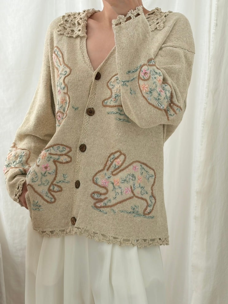 [판매완료].Vintage. Beige bunny floral embroidery knit cardigan : 네이버 블로그