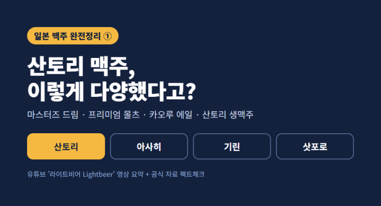 일본 맥주 완전정리 ① 산토리 편 | 마스터즈 드림부터 산토리 생맥....