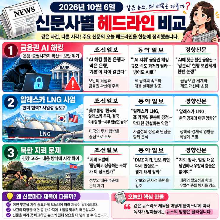 2026년 10월 6일 신문사별 헤드라인 비교｜같은 뉴스, 왜 제목은 이렇게 다를까? : 네이버 블로그