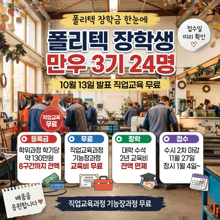 폴리텍 장학생 만우 3기 24명 출발, 직업교육과정은 무료입니다(등록금·장학금·원서접수) : 네이버 블로그